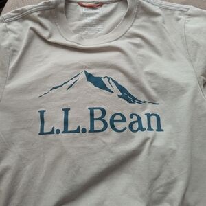 L.L. Bean Tan Vintage Mens T-Shirt with Green Mountain Range Logo S-Reg